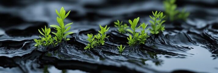 Leinwandbilder - Green plants thrive through spilled black oil on a surface showcasing natures resilience against pollution. Generative AI