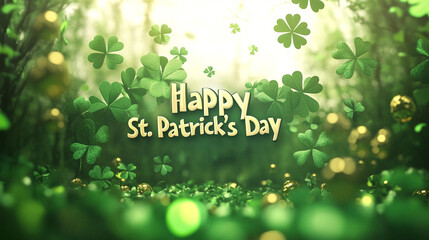 Happy St. Patricks Day glowing text on soft green gradient with decorative clovers for festive themes