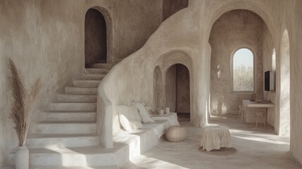 Wall Mural - Sunlit minimalist interior with curved staircase, arched doorways, and neutral palette.