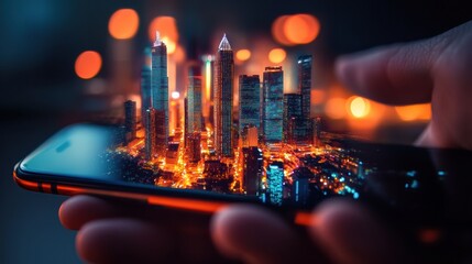 Leinwandbilder - Tiny cityscape emerges from a glowing smartphone screen in a night setting. Generative AI
