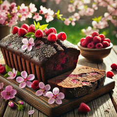 Wall Mural - chocolate loaf cake with flowers and berries