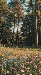 Wall Mural - Tranquil Meadow with Wildflowers in a Sunlit Forest Clearing - A Serene Natural Scene