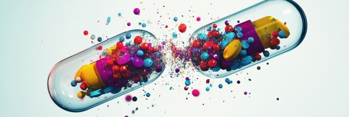 Aufkleber - Colorful particles burst from a split capsule during a vibrant display of creativity and innovation. Generative AI
