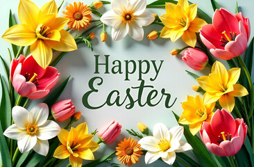 Wall Mural - Happy Easter banner with a bunch of real colorful flowers on white background