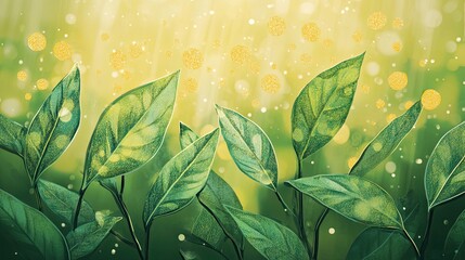 Sticker - Lush Green Leaves Illuminated by Golden Dust