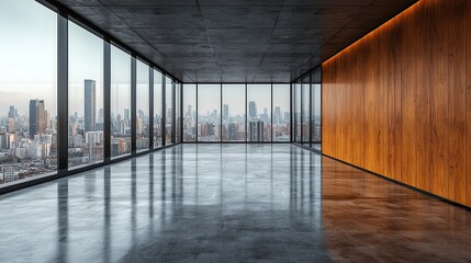 Wall Mural - modern empty office, city view, wood wall, sunrise