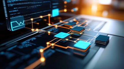 Futuristic Digital Network Data Flow on Laptop Screen