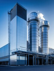 Poster - Large industrial oil storage tanks at a facility under clear blue sky in an urban area during daylight hours. Generative AI