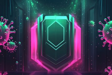 Fototapete - Glowing barrier repels viruses in a futuristic environment showcasing advanced protection. Generative AI