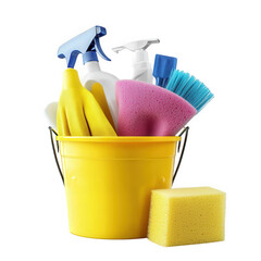 bright yellow bucket filled with various cleaning supplies. including spray bottles. sponges. and a brush. indicating a focus on cleaning and household maintenance