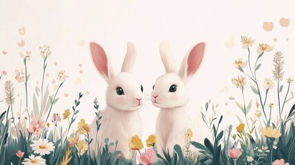 Wall Mural - Two white rabbits nestled in a blooming meadow.