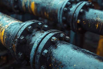 Leinwandbilder - Industrial pipes with oil drips highlighting critical infrastructure in an urban environment. Generative AI