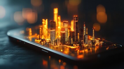 Fototapete - Tiny cityscape glowing brightly from smartphone screen showcasing modern architecture at night. Generative AI