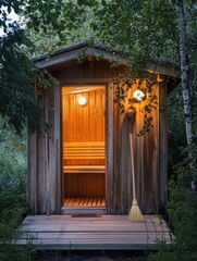 Poster - Relaxation in a wooden sauna nestled in nature with soft lighting and surrounded by lush greenery. Generative AI