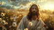 © Design By Reiga - Serene Jesus in daisy field, sunset backdrop. Religious art, faith imagery