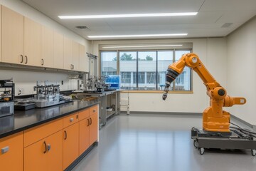 modern laboratory interior featuring advanced robotic arm and sleek workstation for scientific resea