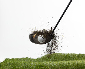 Golf ball explode from Tee off. Golfer hit ball with club to grass soil explosion on green. Golf club hit ball on green tee off with grass flying scatter. White background isolated