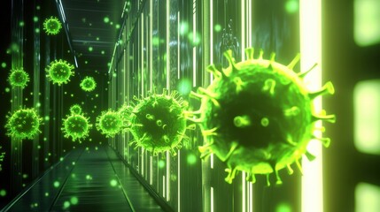Fototapete - Glowing wall effectively deflects viruses in a high tech environment enhancing safety. Generative AI