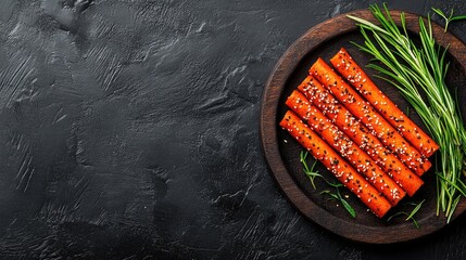 Canvas Print - Sesame carrot sticks on dark plate, rosemary garnish, black background; food blog, recipe