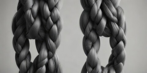 A delicate composition of entwined black and white braids with intricate details on a light gray background, depth, braids