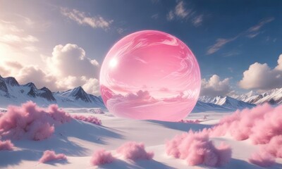 Wall Mural - A delicate pink sphere is drifting through the air above a fluffy white cloudy landscape , serene, artistic