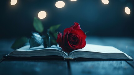 Wall Mural - Romantic still life with a rose on an open book