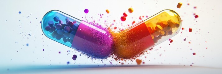 Aufkleber - Colorful particles bursting from split capsule in dynamic display of creativity and science. Generative AI