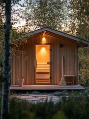Aufkleber - Traditional wooden sauna nestled among trees at dusk in a serene natural environment. Generative AI