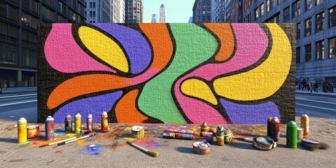 Vibrant Urban Mural Painting in City Street with Colorful Art and Cityscape Background