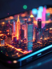 Leinwandbilder - Tiny cityscape emerges from glowing smartphone screen in vibrant evening setting. Generative AI