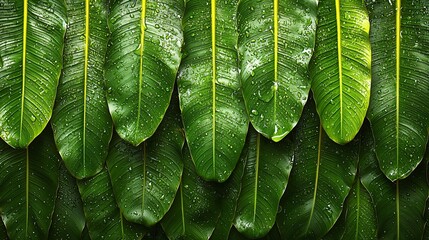 Wall Mural - Lush Green Tropical Leaves with Dew Drops Nature Background