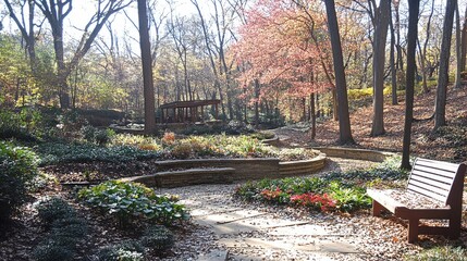 Poster - Autumn park path, gazebo, bench, woodland setting; serene landscape for relaxation, travel brochures