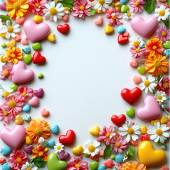 Wall Mural - candy hearts and flowers border, isolated on white background