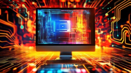 Wall Mural - computer screen displaying abstract digital circuitry.