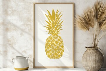 Poster - Bright yellow pineapple artwork displayed on a light wall with decorative elements in a modern home setting. Generative AI