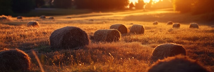 Aufkleber - Sunset over a grassy field with hay bales scattered across the landscape in a tranquil rural setting. Generative AI
