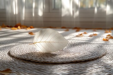 Leinwandbilder - Minimalist Interior Decor with Leaf Plate and Woven Mat in Soft Natural Lighting
