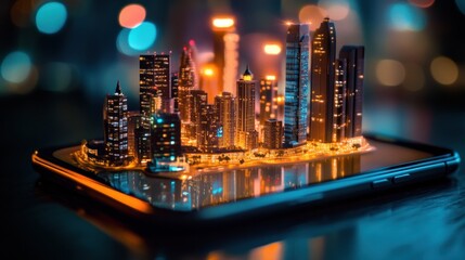 Fototapete - Tiny cityscape emerges from a glowing smartphone screen at night showcasing modern architecture and vibrant lights. Generative AI