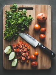 Aufkleber - Fresh vegetables and herbs prepare for a colorful salad on a wooden cutting board in a modern kitchen. Generative AI