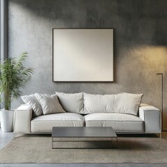 Wall Mural - modern living room with neutral-toned furniture, white sofa, minimalist decor, natural light, and a warm, inviting aesthetic.