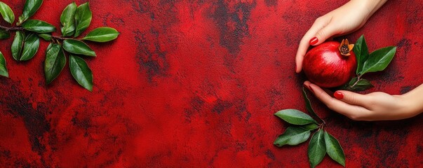 Poster - Red pomegranate held by hands on red background. Food photography for recipe blogs