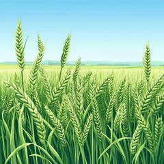 Wall Mural - lush green wheat field under a bright blue sky with soft clouds, showcasing serene countryside beauty and agricultural abundance.