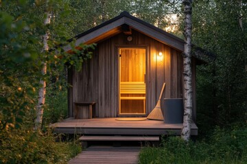 Poster - Traditional wooden sauna nestled in trees during serene evening light in a tranquil forest setting. Generative AI