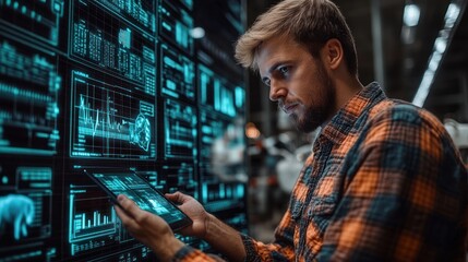 Technologist Analyzing Data on a Large Screen Display