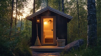 Poster - Relaxing in a wooden sauna nestled among vibrant trees at sunset in a peaceful forest setting. Generative AI