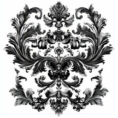 ornate black-and-white baroque floral frame with intricate swirls, elegant details, symmetrical design, classic vintage aesthetic, decorative artistic style.