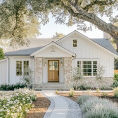 Wall Mural - charming modern farmhouse with white siding, metal roof, landscaped garden, wooden door, natural surroundings, and inviting rustic architectural design.