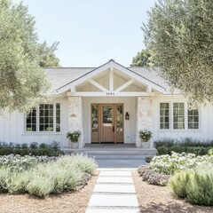 Wall Mural - charming modern farmhouse with white siding, metal roof, landscaped garden, wooden door, natural surroundings, and inviting rustic architectural design.