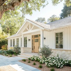 Wall Mural - charming modern farmhouse with white siding, metal roof, landscaped garden, wooden door, natural surroundings, and inviting rustic architectural design.