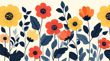 Wall Mural - Vibrant floral border with orange, yellow, and red flowers and dark leaves on a cream background.